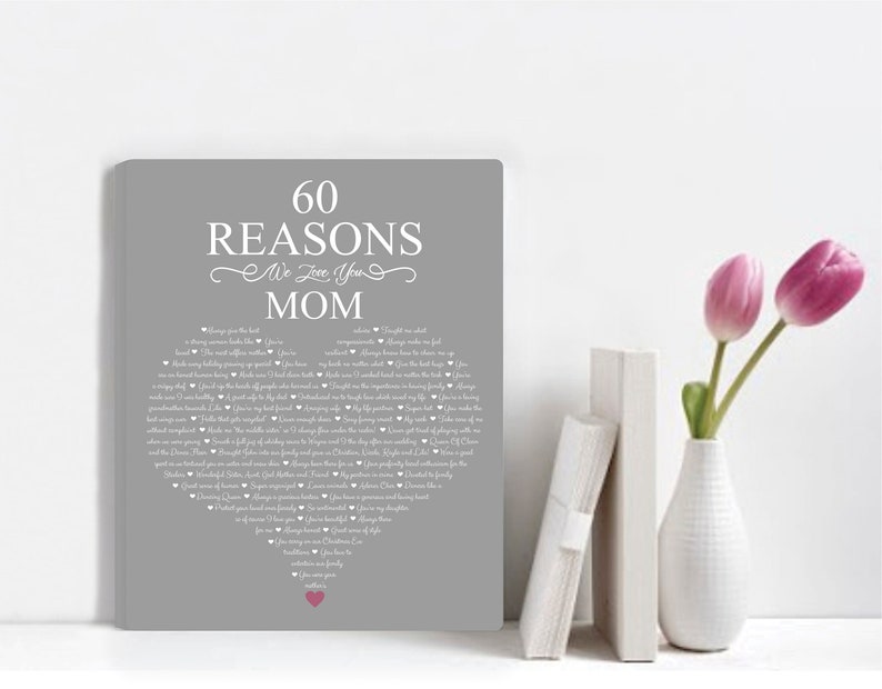 May include: A gray canvas print with the text "60 Reasons We Love You Mom" in a white heart shape. The heart is filled with 60 reasons why someone loves their mom.