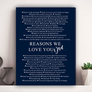 May include: A blue and white printable sign with the text "Reasons We Love You Dad" and a list of reasons why someone might love their dad. The sign is decorated with a gray ampersand symbol.