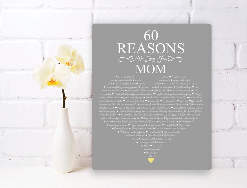 May include: A gray canvas print with a heart-shaped design. The print features the text "60 Reasons We Love You Mom" in white lettering. The heart is filled with 60 reasons why someone loves their mom.