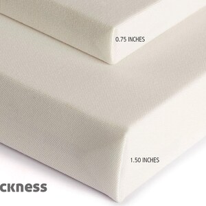 May include: Two white canvas panels, one is 0.75 inches thick and the other is 1.50 inches thick. The word "Thickness" is printed below the panels.