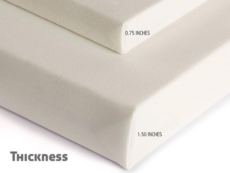 May include: Two white canvas panels, one is 0.75 inches thick and the other is 1.50 inches thick. The word "Thickness" is printed below the panels.