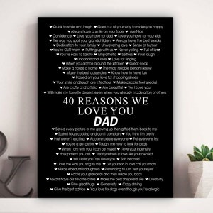 May include: Black and white printable art print with a list of 40 reasons to love your dad. The title is "40 Reasons We Love You Dad".