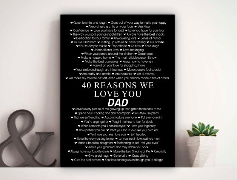 May include: Black and white printable art print with a list of 40 reasons to love your dad. The title is "40 Reasons We Love You Dad".