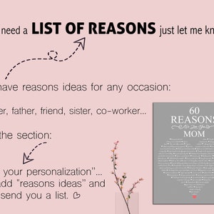May include: A gray and white printable design with a heart shape filled with 60 reasons to love someone. The text reads "60 Reasons We Love You Mom".