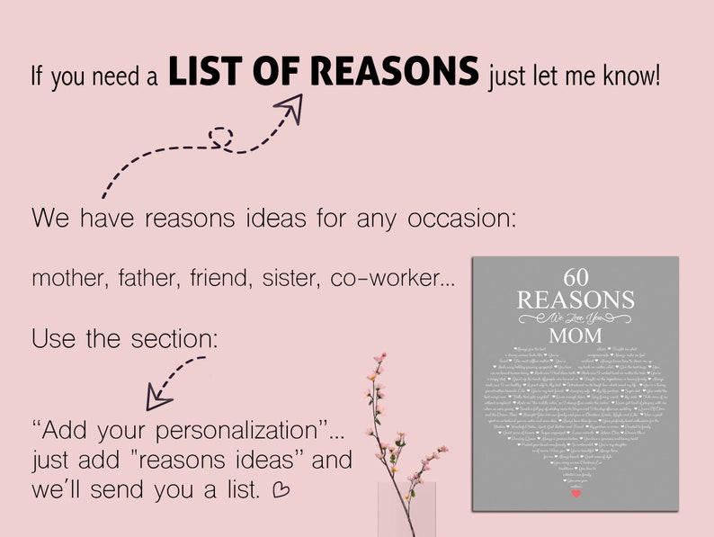 May include: A gray and white printable design with a heart shape filled with 60 reasons to love someone. The text reads "60 Reasons We Love You Mom".