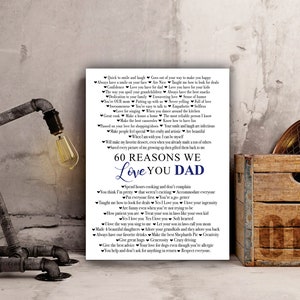 May include: A printable poster with a blue and white design. The poster lists 60 reasons to love your dad. The poster has a heart design with the words "60 Reasons We Love You Dad" in the center.