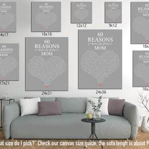 May include: A guide to different sizes of canvas prints featuring a heart-shaped design with the text "60 Reasons Why You Are The Best Mom". The canvas prints are shown on a wall with a gray sofa in the foreground. The sofa is about 94 inches long.