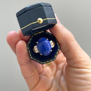 Solid 14K Yellow Gold, Oval Lapis Lazuli Cabochon & Diamond Accent Estate Ring
