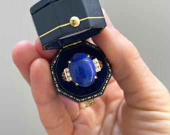 Solid 14K Yellow Gold, Oval Lapis Lazuli Cabochon & Diamond Accent Estate Ring