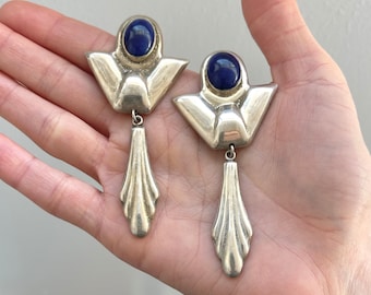 Stunning Vintage Mexican Silver and Lapsi Statement Earrings