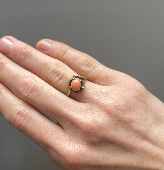 Victorian Coral and Diamond Ring | 10k Gold