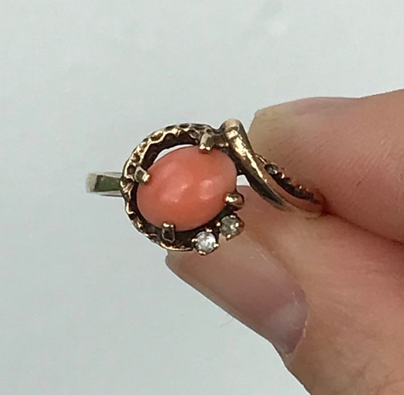Victorian Coral and Diamond Ring | 10k Gold