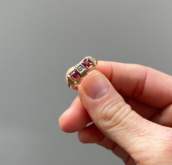 Vintage Simulated Ruby and Diamond Bow Ring - image 4