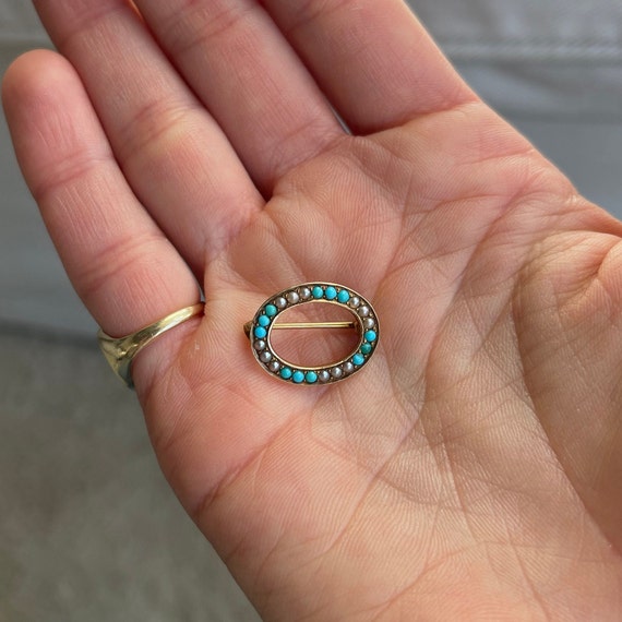 Victorian Seed Pearl and Persian Turquoise Oval B… - image 1