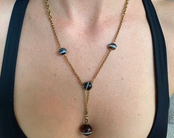 Banded Agate Necklace: Turn of the Century Pinchbeck Chain