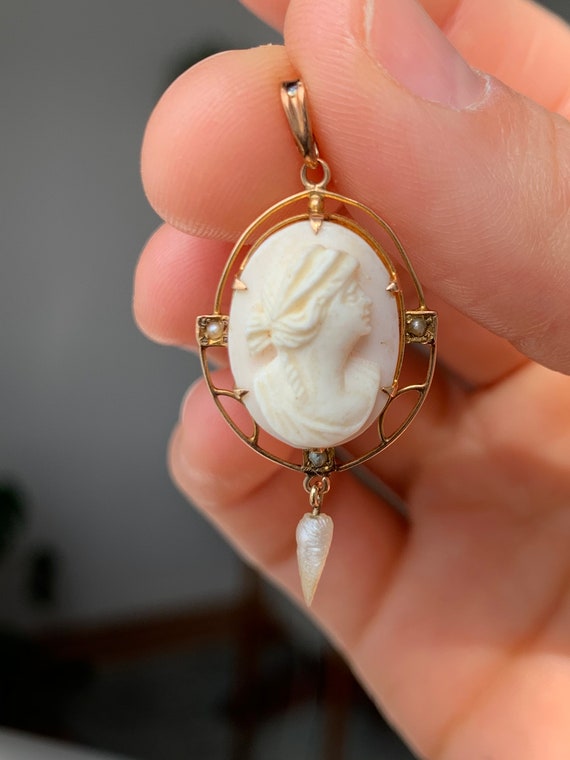 Vintage Coral and Seed Pearl Cameo Pendant