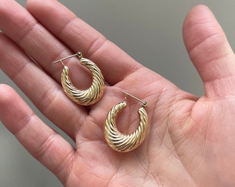 14k Gold Puffed Hoops 1 inch Long