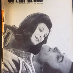 May include: A black and white photo of a magazine cover for Opera News, volume 36, number 5, featuring a black and white photo of a couple. The magazine cover text reads "Opera News", "Vol. 36, No. 5", "Tristan und Isolde", and "Dec. 18, 1971/1.50".