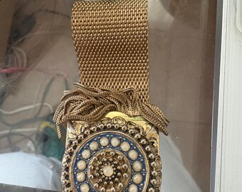 Whiting Davis Wide Gold Tone Mesh and Faux Pearls Bracelot with Tassels maybe Walter Lampl