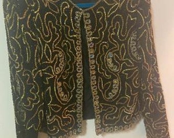Lawrence Kazar Vintage Black Silk Lined Gold Beaded Open Front Jacket