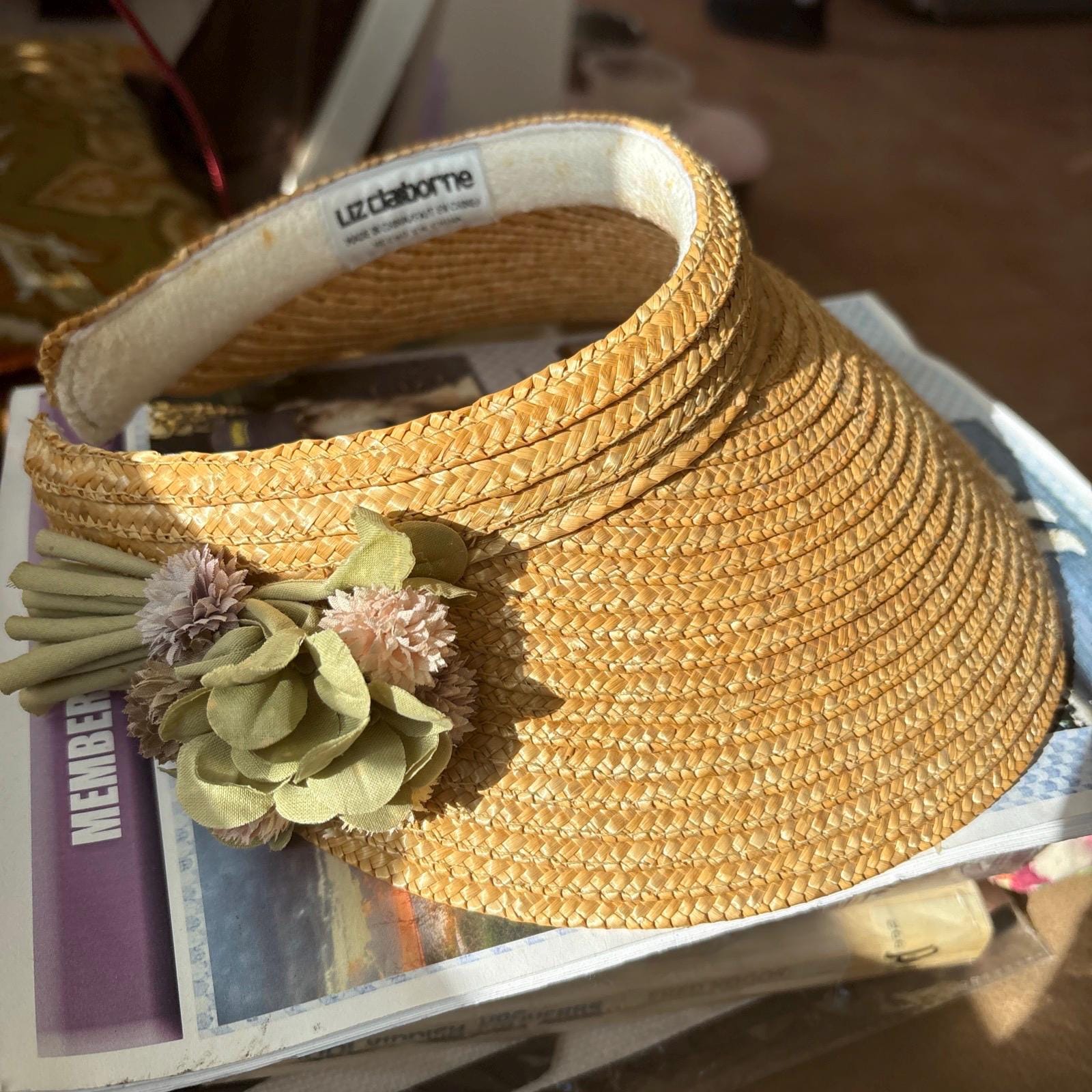 vintage 1980s wide brim straw hat liz claiborne summer floral raffia flowers XXL Wide Brim Straw Sun Hat w/ Raffia Embroidered Flowers  main image 3
