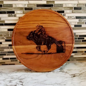 Laser engraved acacia wood tray with barrel racer