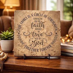 May include: A square, textured plaque with the words "Flur Family is a Circle of Strength" and "Together Forever" in a circular design. The center text reads "faith joined by love ket by god". The plaque is on a black metal stand.