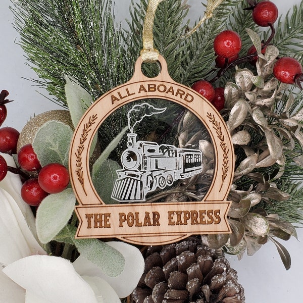 All Aboard The Polar Express ornament, clear acrylic on cherry.