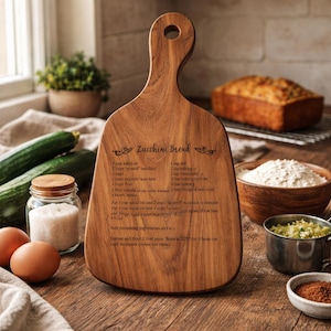 Zucchini Bread Recipe Board on Olive Wood Cutting Board