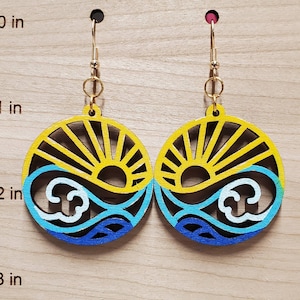 Handpainted ocean wave with sunshine dangling earrings, gold colored hardware
