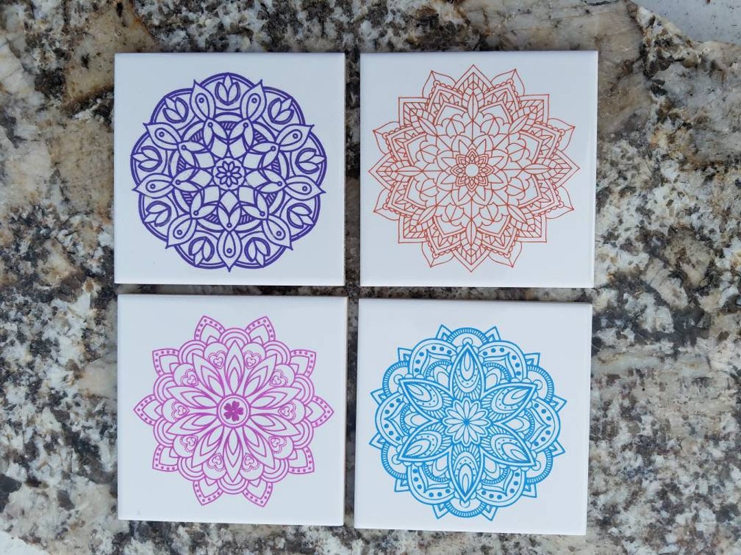 Laser Engraved Ceramic Tiles Set of 4 Colorful Mandalas on 4 Etsy