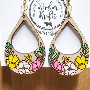 Laser cut, engraved & hand painted floral teardrop earrings on Cherry