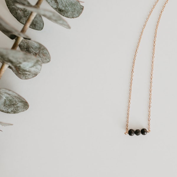 Three small lava bead necklace - Gold fill - hypoallergenic - high quality chain - tarnish free - essential oil diffuser necklace