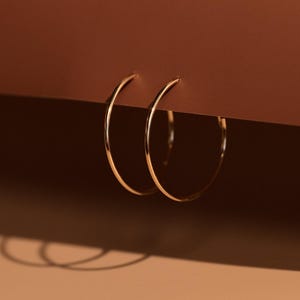 May include: A pair of gold hoop earrings against a brown backdrop.