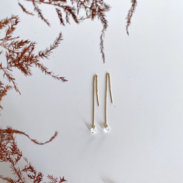 Thread Through Drop Earrings with Genuine Quartz Crystals - 14k Gold Filled
