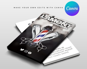 Design de cartão de visita de barbeiro - Cabeleireiro - Modelo de cartão de visita de cabelo faça você mesmo - Poste de barbeiro - Salão - DOWNLOAD CANVA instantâneo editável