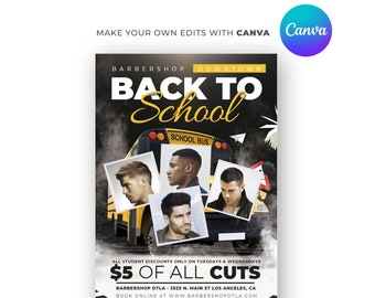 Barber School Flyer Design - Barbershop - DIY Hair Postcard Template - Beauty Hair Stylist - Back to School - Canva
