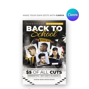 Design de folheto escolar de barbeiro - barbearia - modelo de cartão postal de cabelo DIY - cabeleireiro de beleza - volta às aulas - Canva