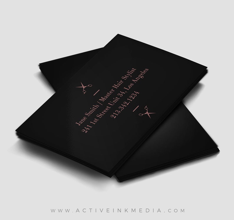 May include: Black business card with pink text and a pair of scissors icon. The text reads "Jane Smith / Master Hair Stylist", "241 1st Street Unit 34, Los Angeles", and "213.342.1234".