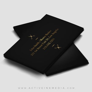 May include: Black business card with gold text and a pair of scissors icon. The text reads "John Smith/Master Barber", "241 1st Street Unit 34, Los Angeles", and "213.342.1234".