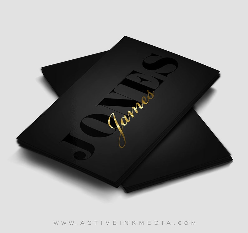 May include: Black business cards with gold foil lettering that reads "Jones James" and the website "www.activeinkmedia.com".
