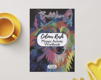 Cuaderno de actividades imprimible de mosaico con animales arcoíris y plantillas de patrones en formato PDF.
