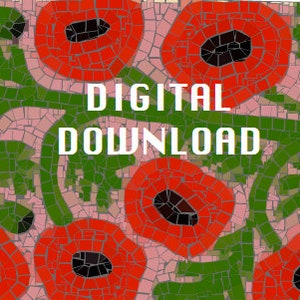 以下が含まれることがあります： ピンクの背景に赤いポピーと緑の葉がモザイク状に描かれたイラストのデジタルダウンロードです。画像には「DIGITAL DOWNLOAD」というテキストが重ねられています。