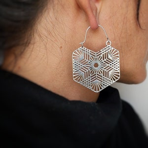 LAST PAIR DISCOUNT . Mandala Hoop Earrings . Snowflake Geometric Square Earrings . Silver Plated Brass Hoops . Boho Festival Earrings