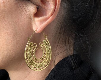 Statement Exotic Hoop Earrings in Brass or Silver Plated . Ornate Gypsy Earrings . Ethnic Style Jewelry