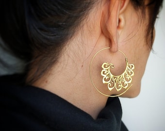 Exotic Brass Threader Hoop Earrings . Ethnic Spiral Earrings . Gold Earrings . Festival Boho Hippie Jewelry .FREE SHIPPING CANADA