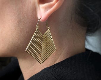 Chevron Brass Hoop Earrings . Futuristic Striped Earrings . Geometric Statement Hoops . Elegant Urban Jewelry . FREE SHIPPING Canada
