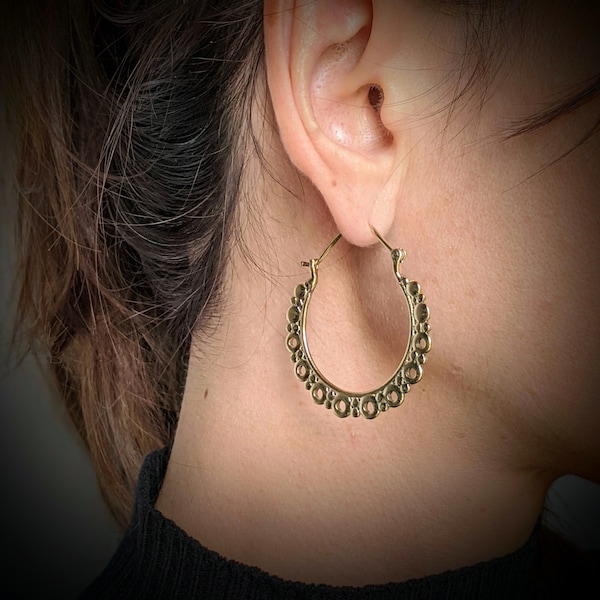 Brass Circle Hoop Earrings . Dotted Hoops . Gold Statement Earrings . Hippie Chic Hoops . Gypsy Soul Jewelry