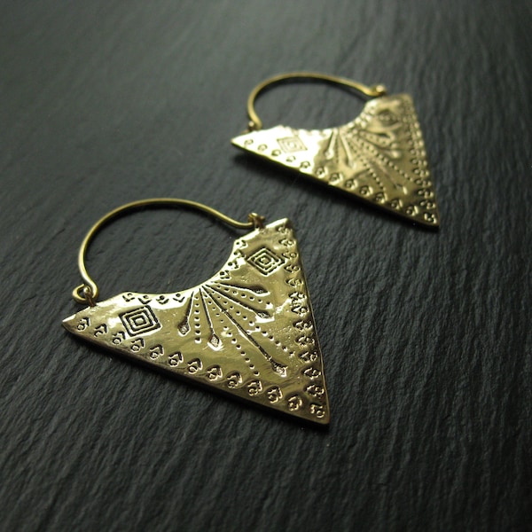 Tribal Brass Hoops Exotic Earrings  . Handstamped Statement Hoops . Triangle Earrings . Ethnic Geometric Jewelry . FREE SHIPPING in CANADA