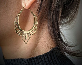 IMPERFECT . Goddess Brass Hoop Earrings . Gold Statement Earrings . Big Hoops . Wing Earrings . Feather Lotus EarringS